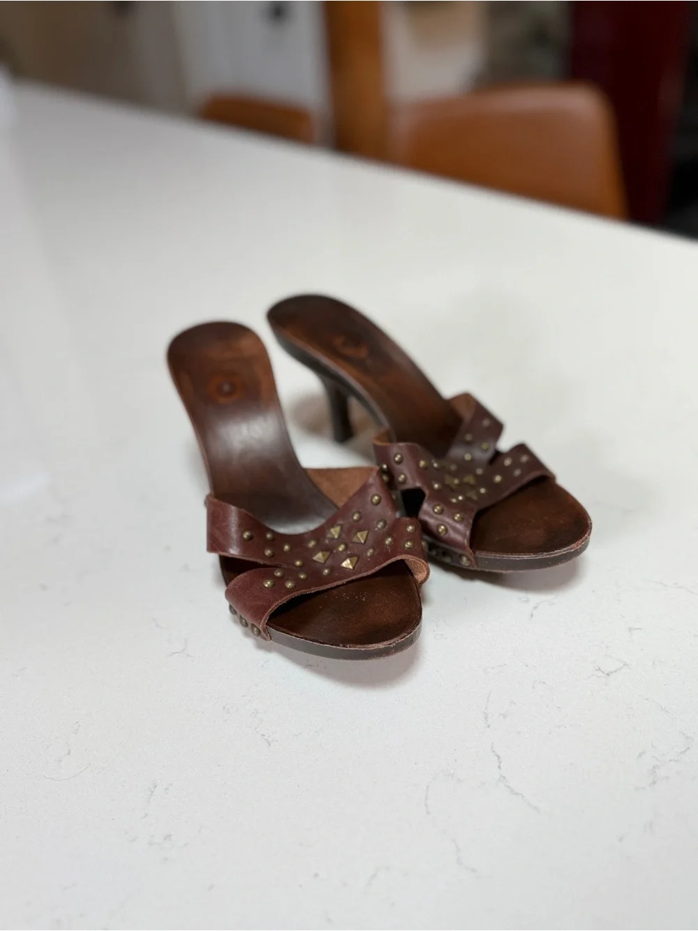 Brown Studded Women's Slide Heels